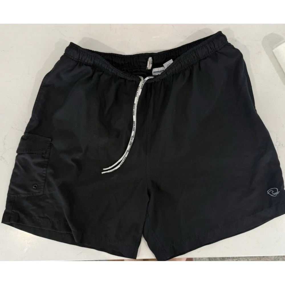 Men's Wave Zone Black Cargo Swim trunks Size‎ Large Drawstring Pockets Logo
